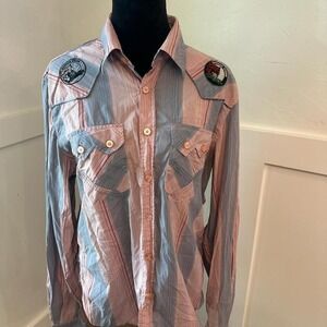 Colcci Jeans Mens L Striped Patch Embroidered Western Shirt‎